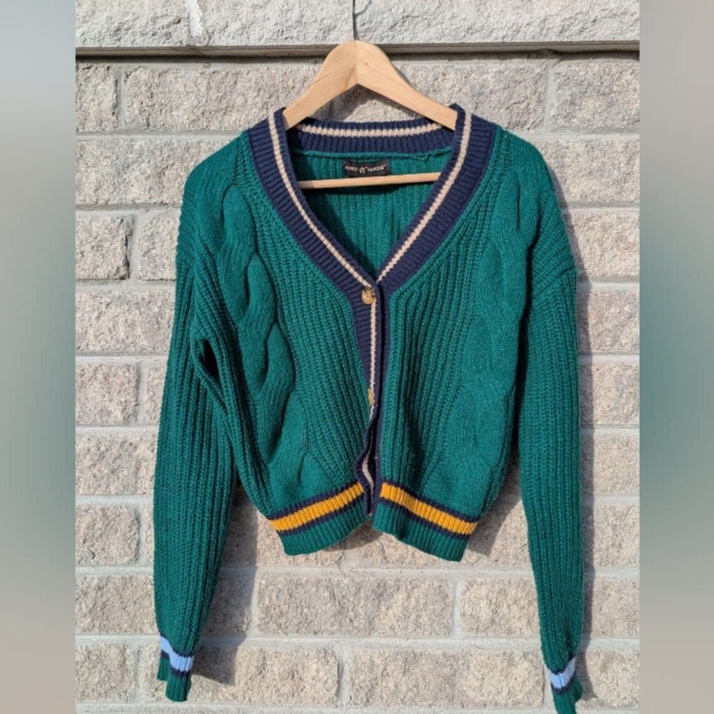 Almost Famous Green Varsity Cardigan Sweater